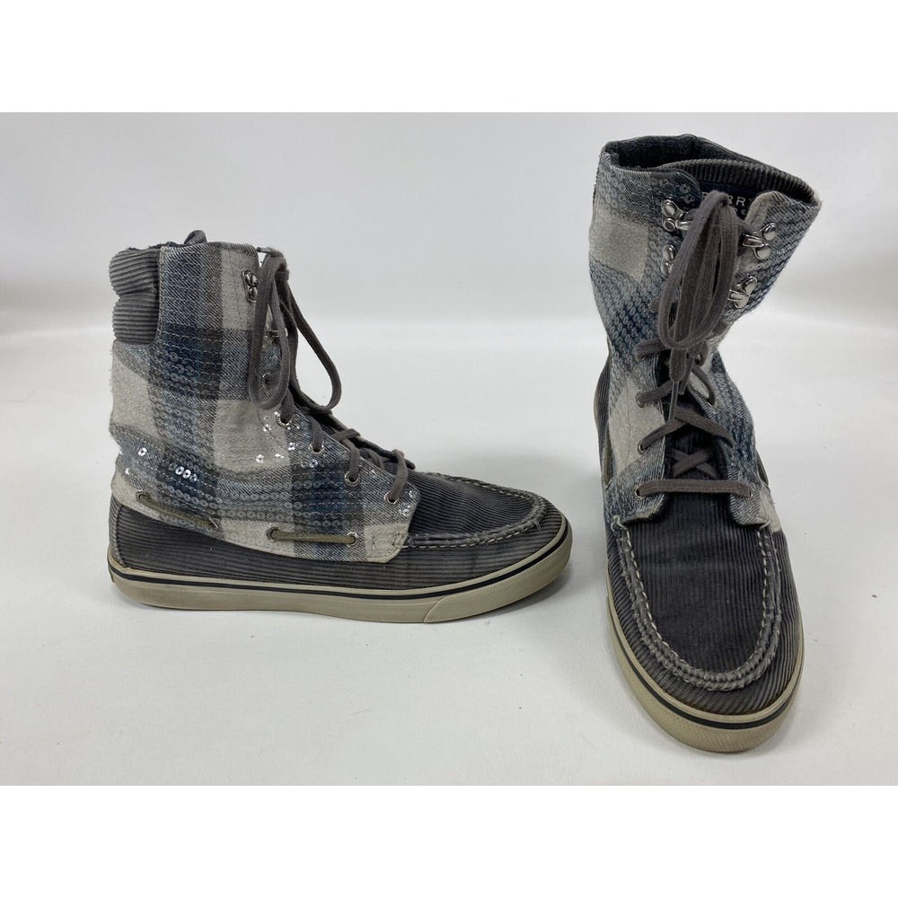 Sperry Acklins Plaid Grey Sequin Corduroy Wool Boots Women's 10 Shoes 9824087